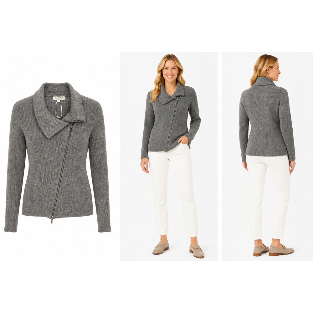 Kinross Cashmere Sweater Women XS Grey Asymmetrical Zip Ribbed Wool Moto Jacket